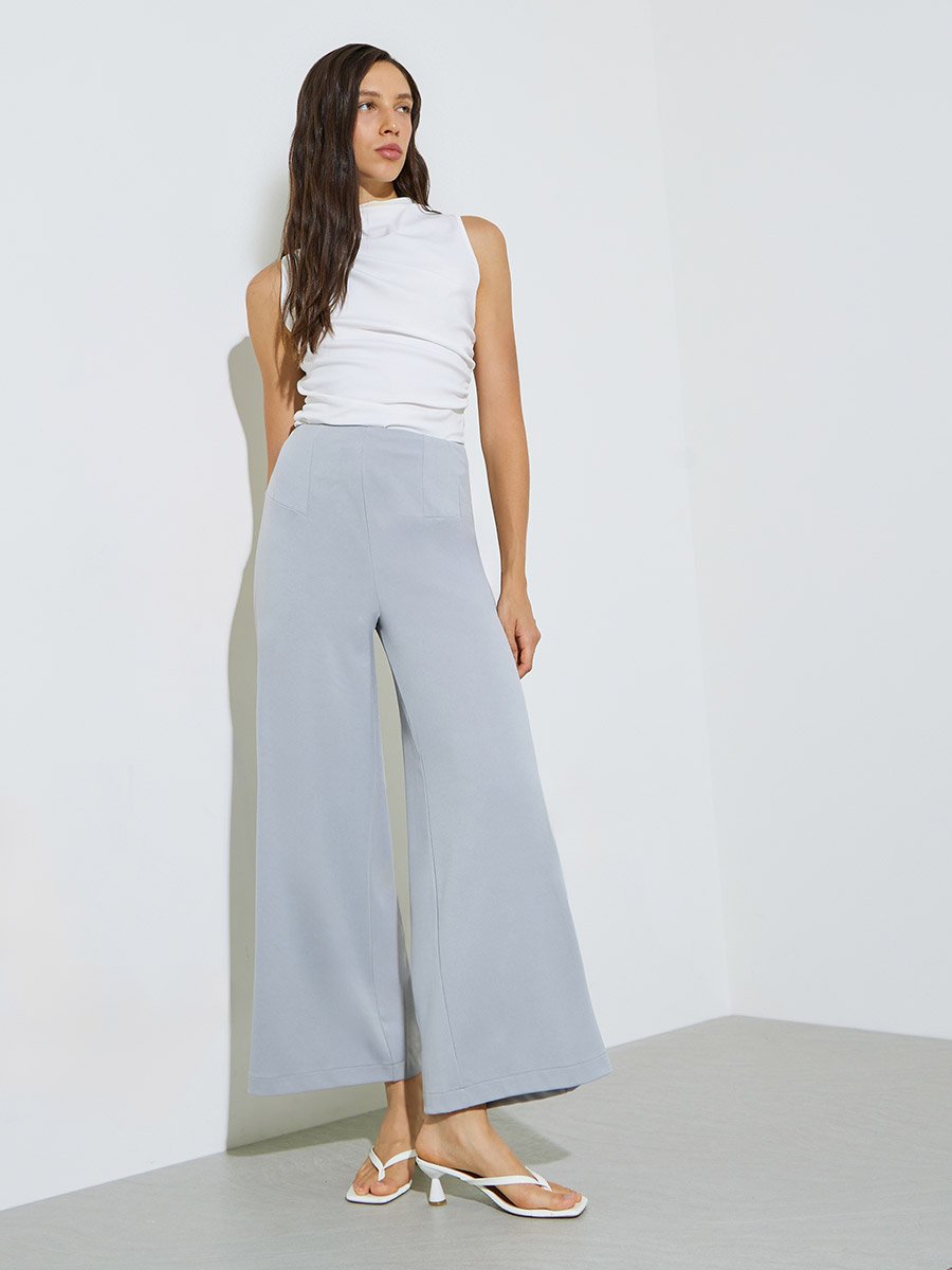 Grey Wide Leg Pants with Side Zip