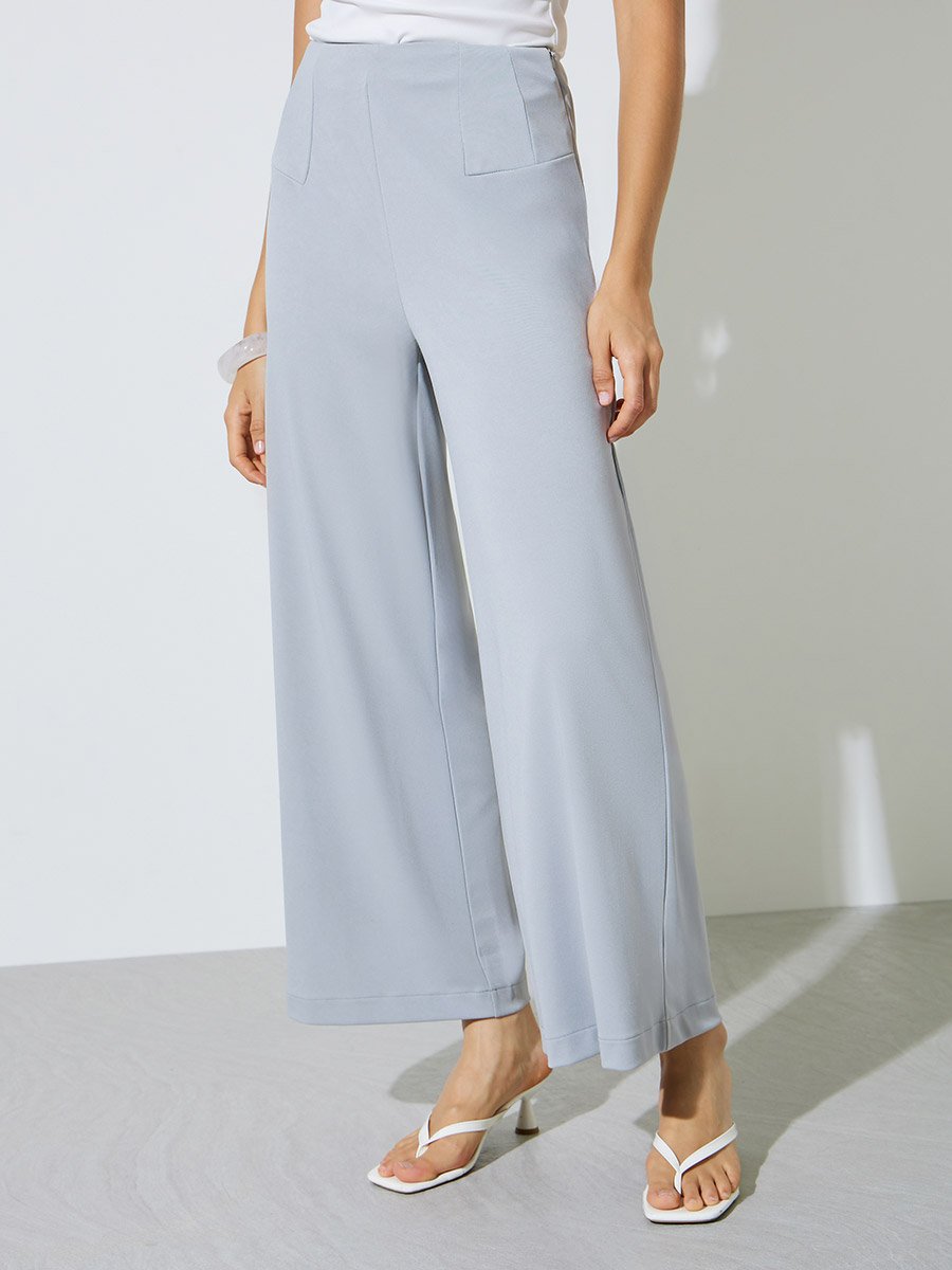 Grey Wide Leg Pants with Side Zip
