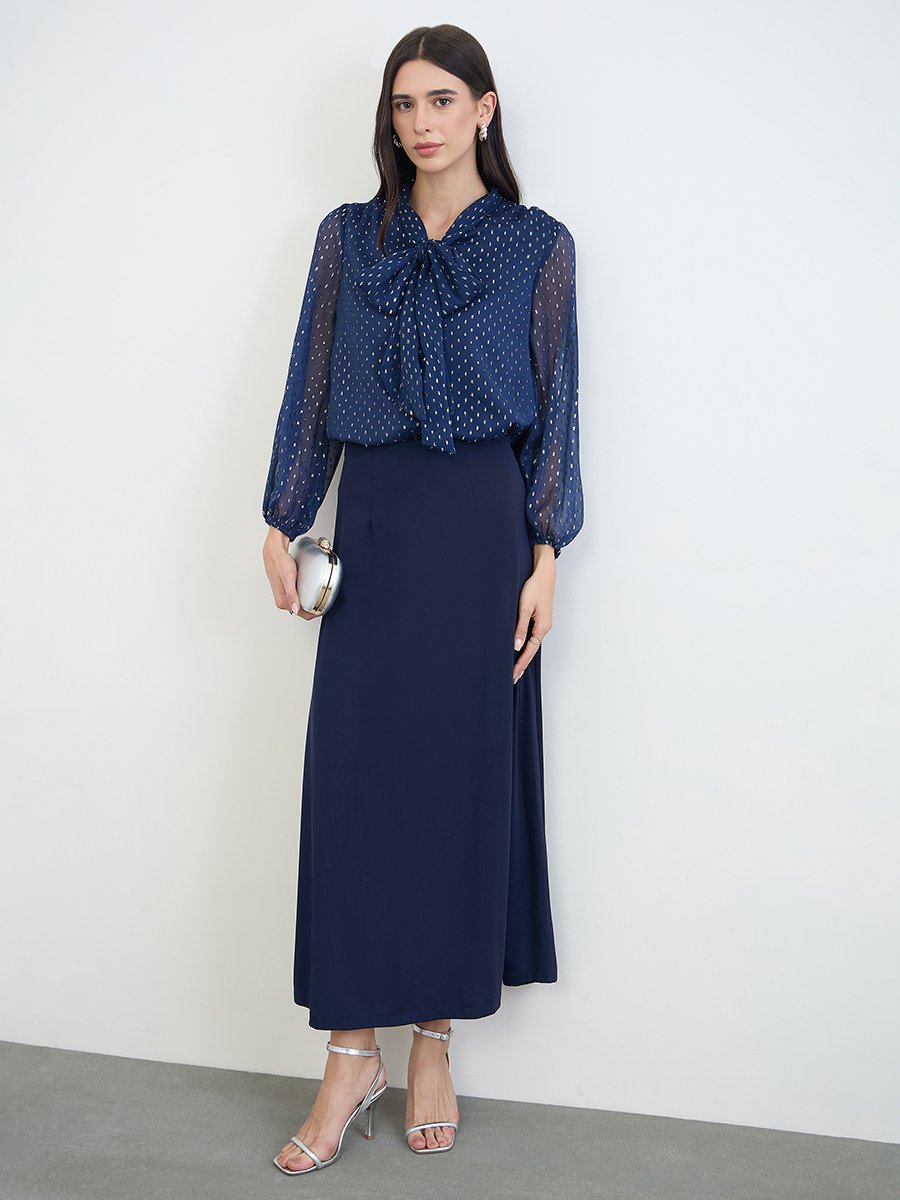 Navy Blue A-Line Maxi Skirt with Back Slit