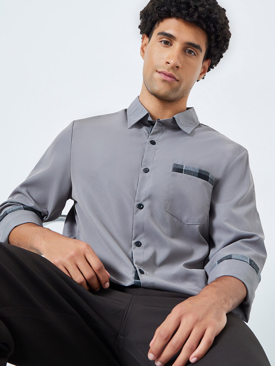 Men Grey Spread Collar Long Sleeve Shirt