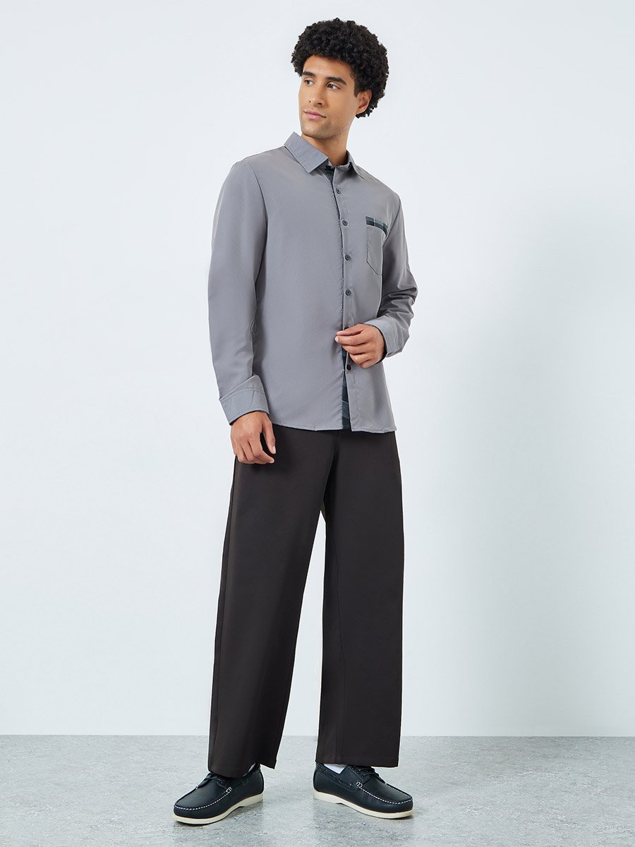 Men Grey Spread Collar Long Sleeve Shirt
