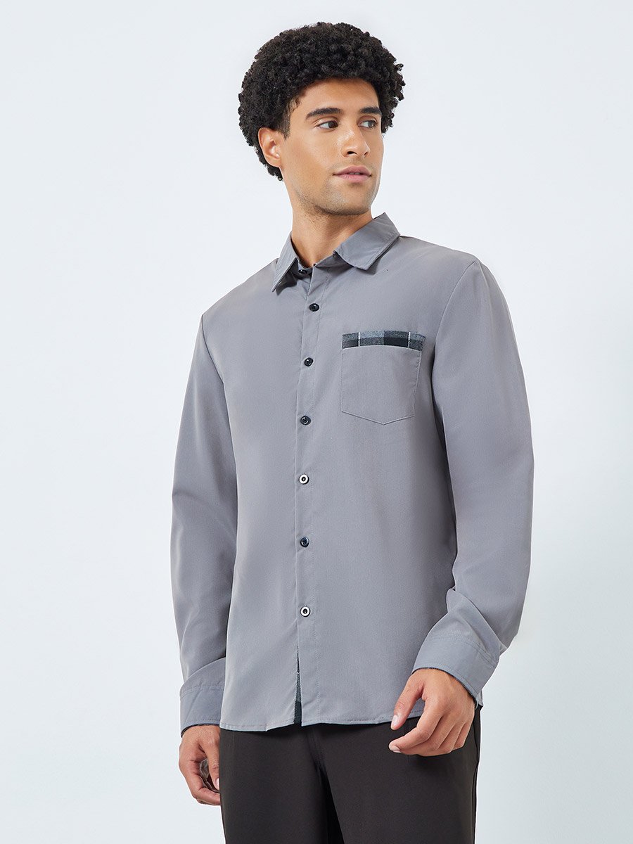 Men Grey Spread Collar Long Sleeve Shirt