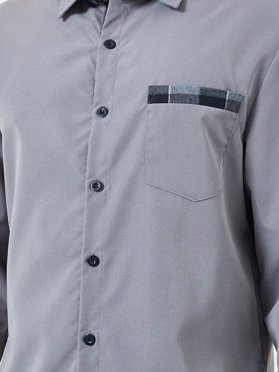 Men Grey Spread Collar Long Sleeve Shirt