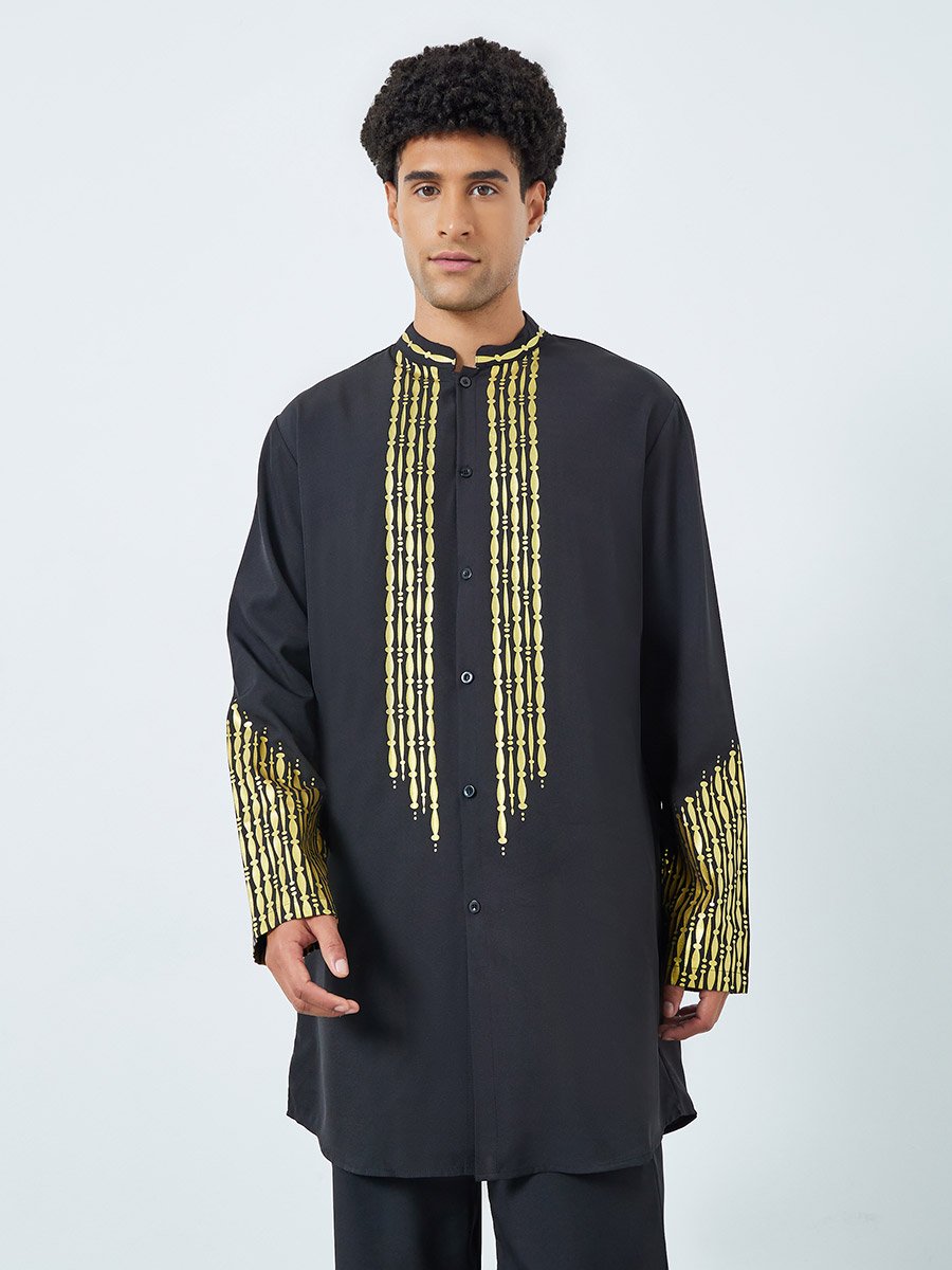 Men Stand Collar Foil Print Thobe and Trousers Set