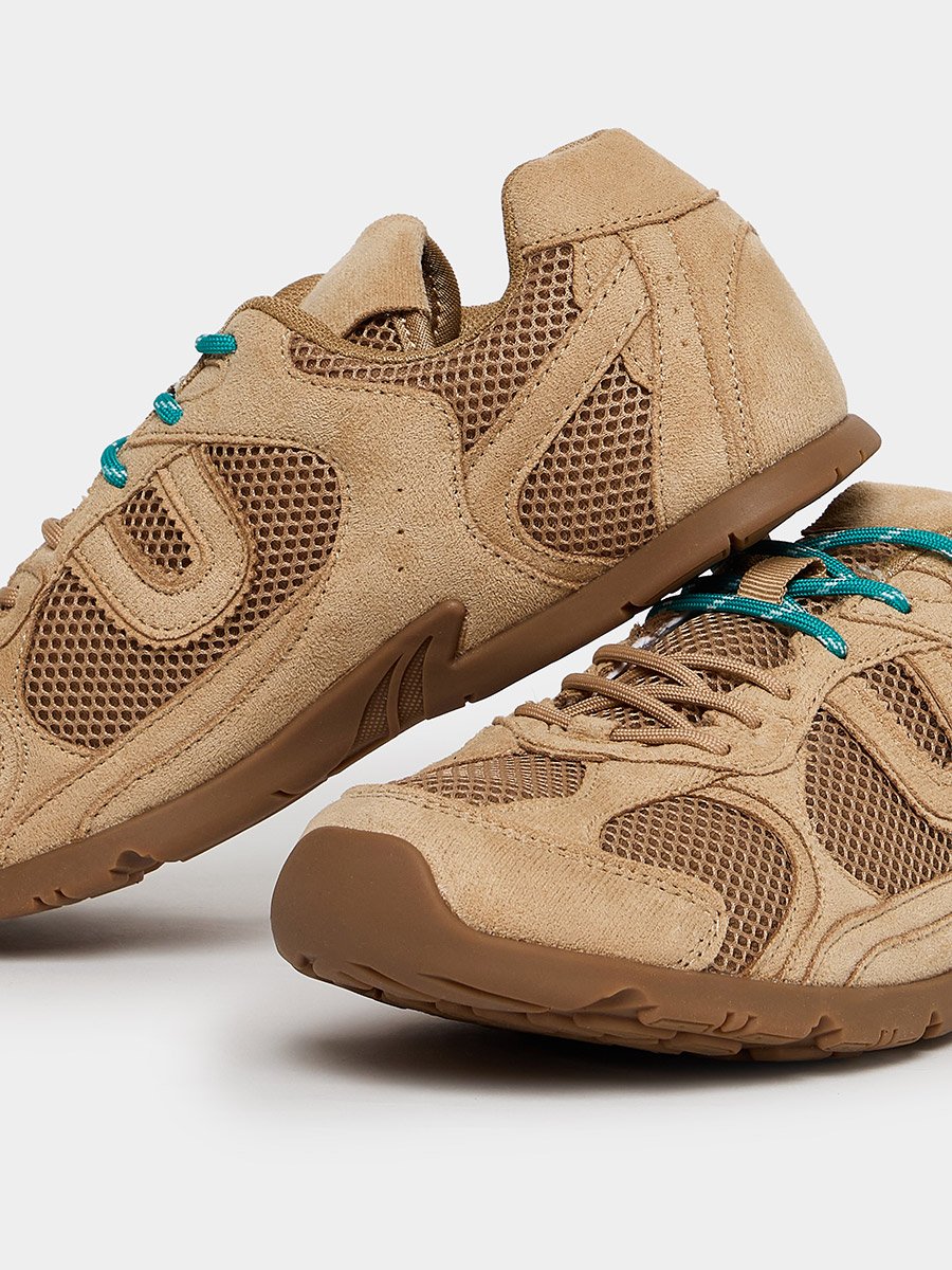 Tan Suede Mesh Lace-Up Sneakers