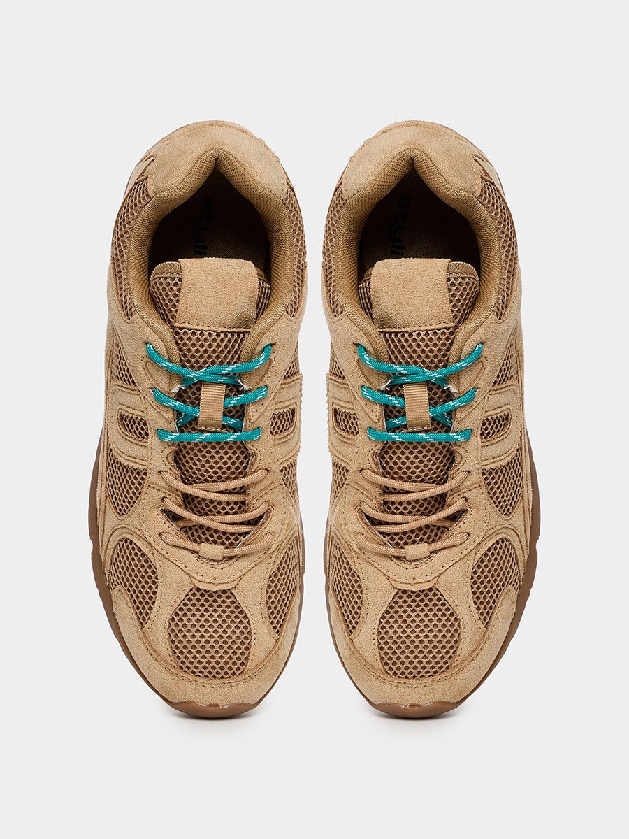 Tan Suede Mesh Lace-Up Sneakers