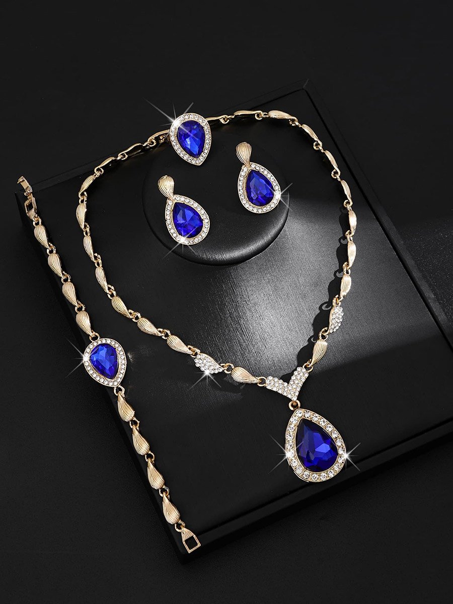 4-Piece Green Rhinestone Drop Necklace, Bracelet, Ring and Earrings Jewelry Set