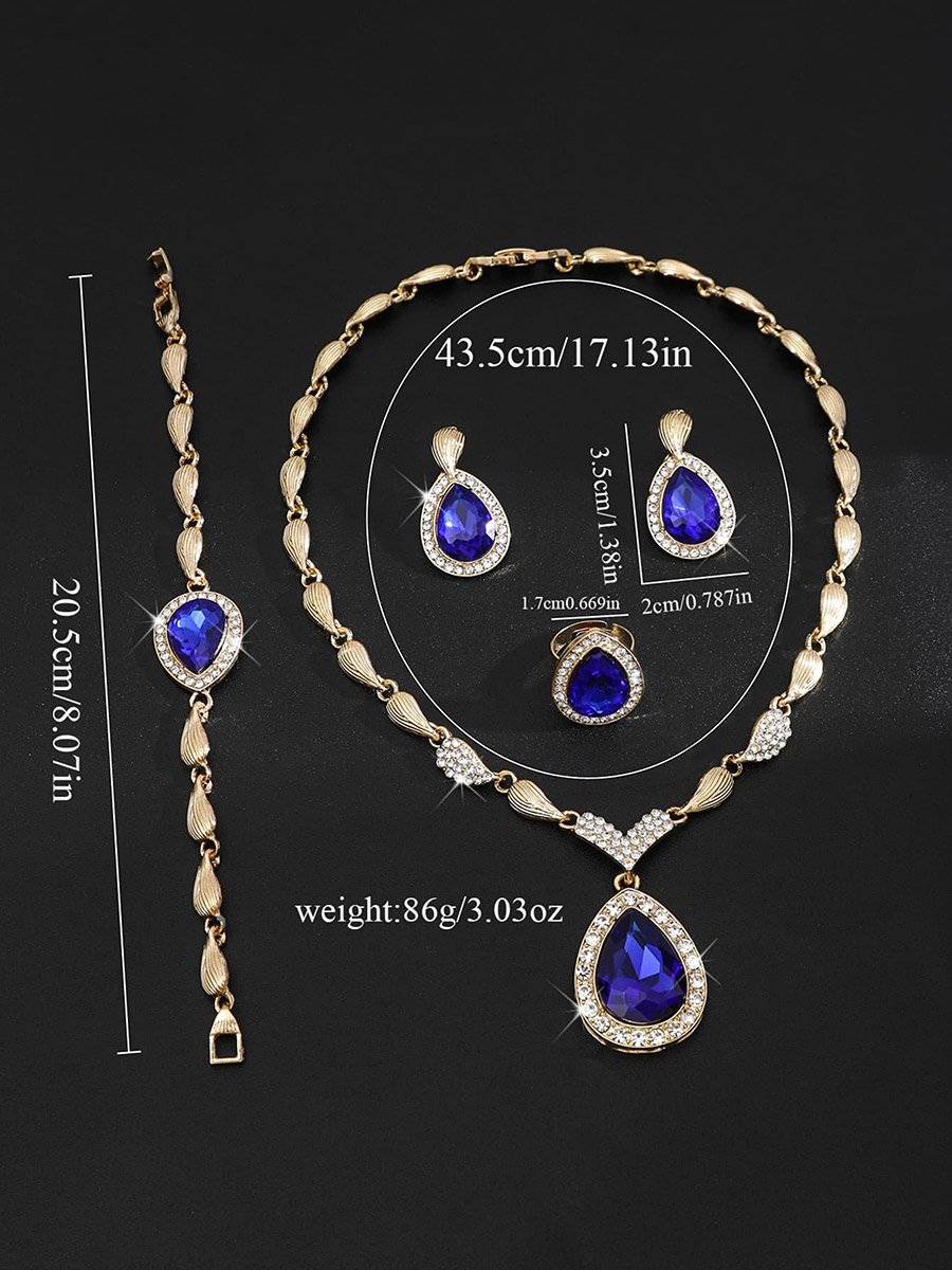4-Piece Green Rhinestone Drop Necklace, Bracelet, Ring and Earrings Jewelry Set