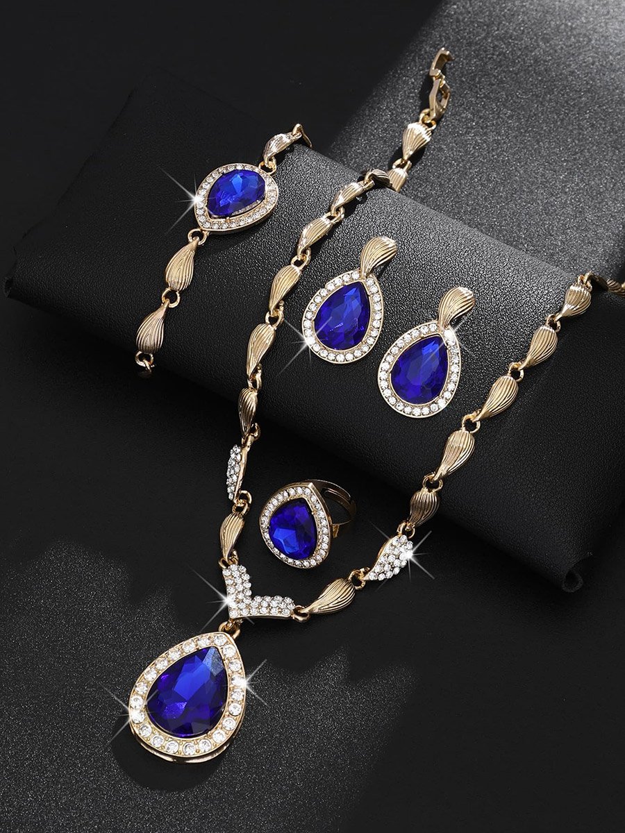 4-Piece Green Rhinestone Drop Necklace, Bracelet, Ring and Earrings Jewelry Set