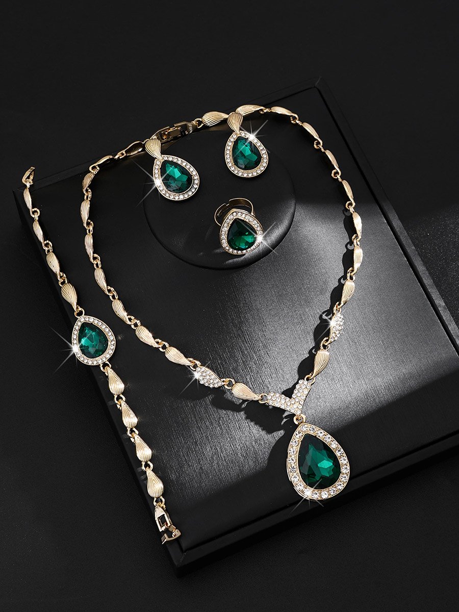 4-Piece Green Rhinestone Drop Necklace, Bracelet, Ring and Earrings Jewelry Set