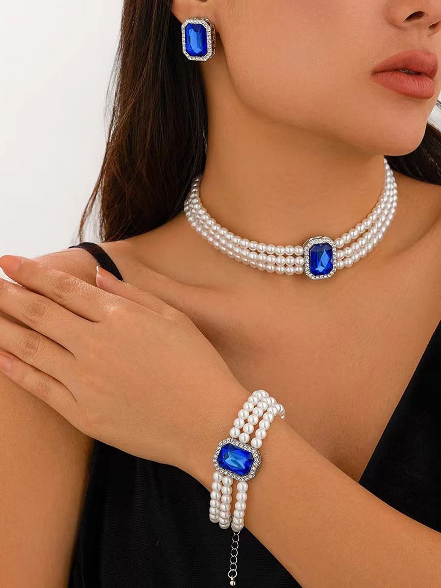 3-Piece Square Rhinestone Drop Faux Pearl Layered Necklace, Bracelet and Earrings Jewelry Set