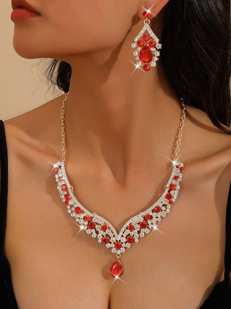 2-Piece Embellished Rhinestone Pendant Necklace and Earrings Jewelry Set