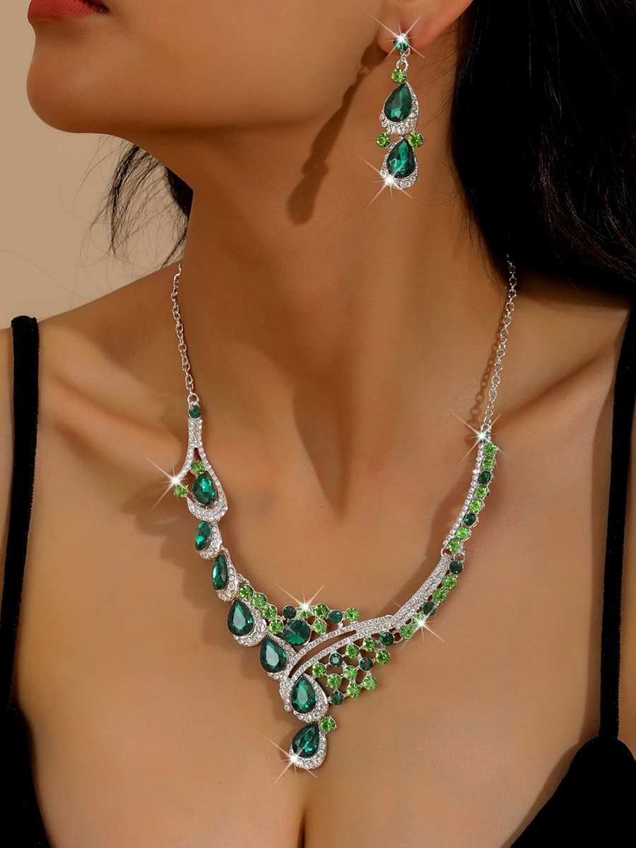 2-Piece Embellished Rhinestone Drop Necklace and Earrings Jewelry Set