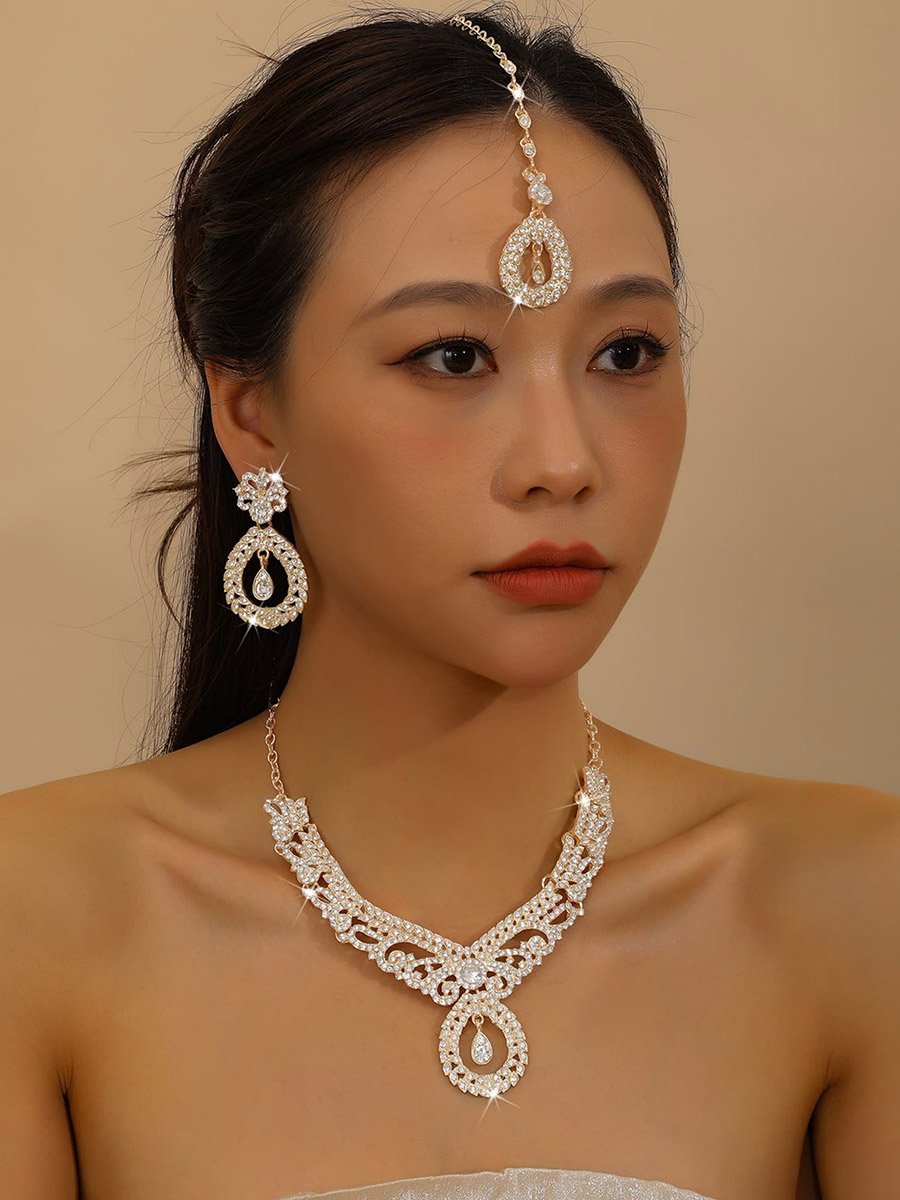 3-Piece Embellished Drop Necklace, Forehead Pendant and Earrings Jewelry Set