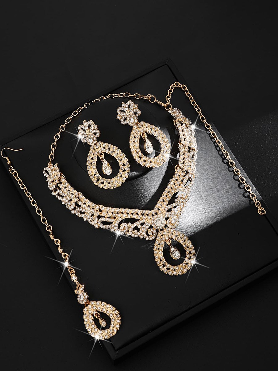 3-Piece Embellished Drop Necklace, Forehead Pendant and Earrings Jewelry Set