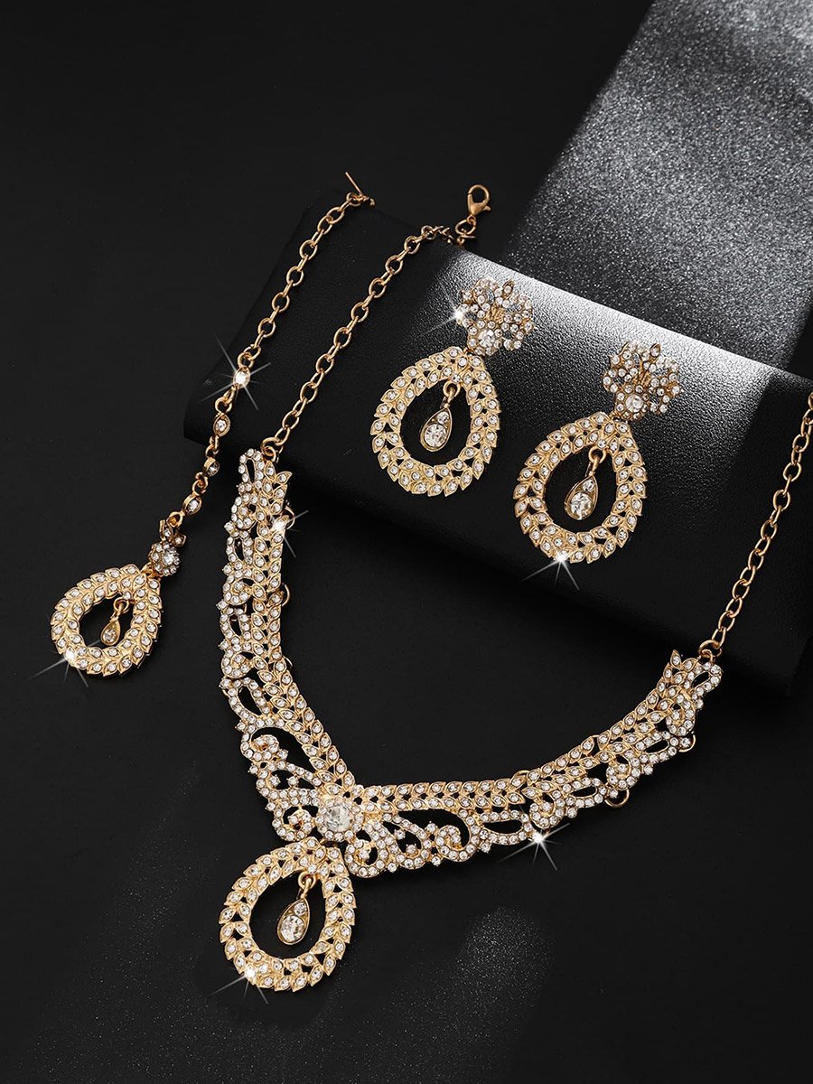 3-Piece Embellished Drop Necklace, Forehead Pendant and Earrings Jewelry Set