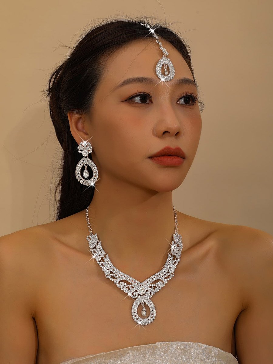 3-Piece Embellished Drop Necklace, Forehead Pendant and Earrings Jewelry Set