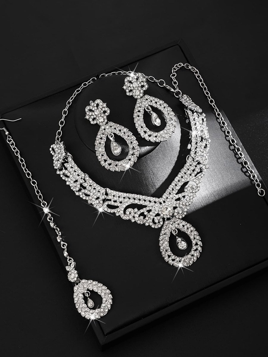 3-Piece Embellished Drop Necklace, Forehead Pendant and Earrings Jewelry Set