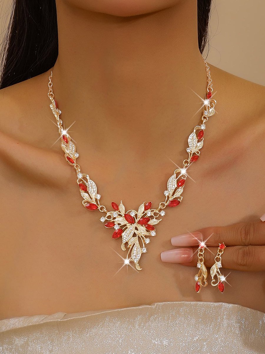 2-Piece Leaf Shape Embellished Necklace and Earrings Jewelry Set