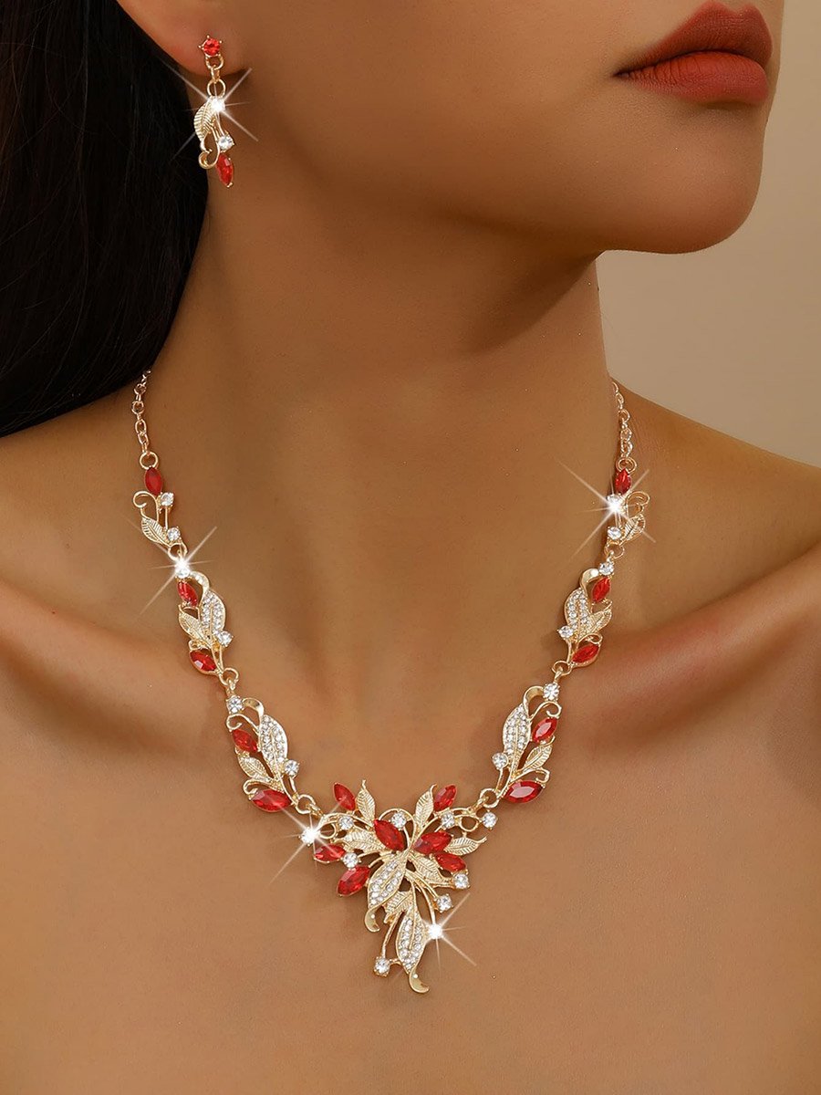 2-Piece Leaf Shape Embellished Necklace and Earrings Jewelry Set