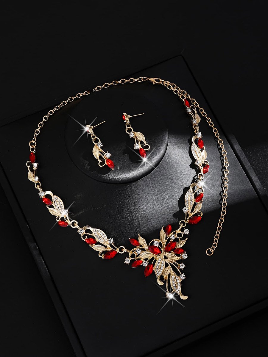 2-Piece Leaf Shape Embellished Necklace and Earrings Jewelry Set