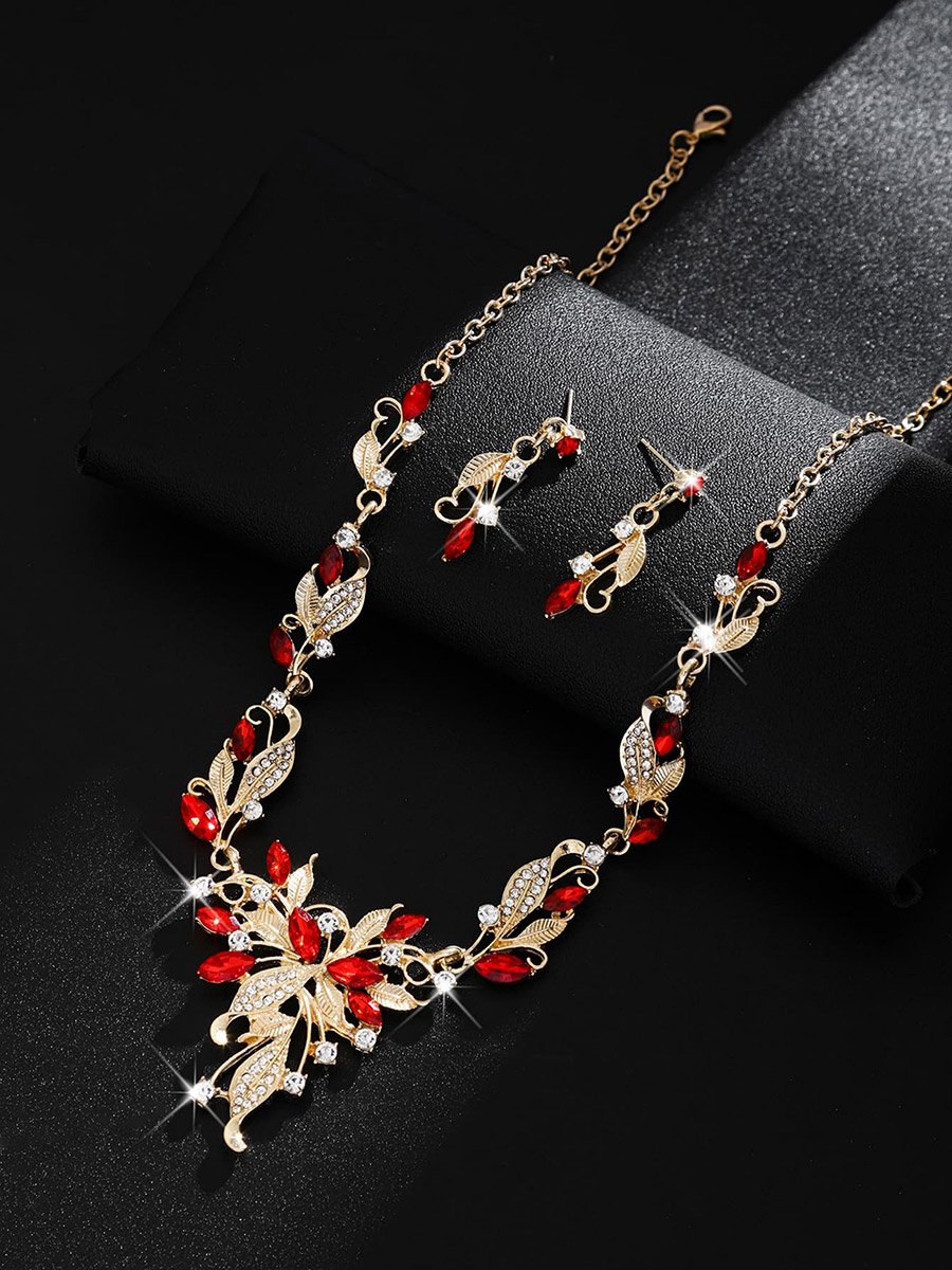 2-Piece Leaf Shape Embellished Necklace and Earrings Jewelry Set
