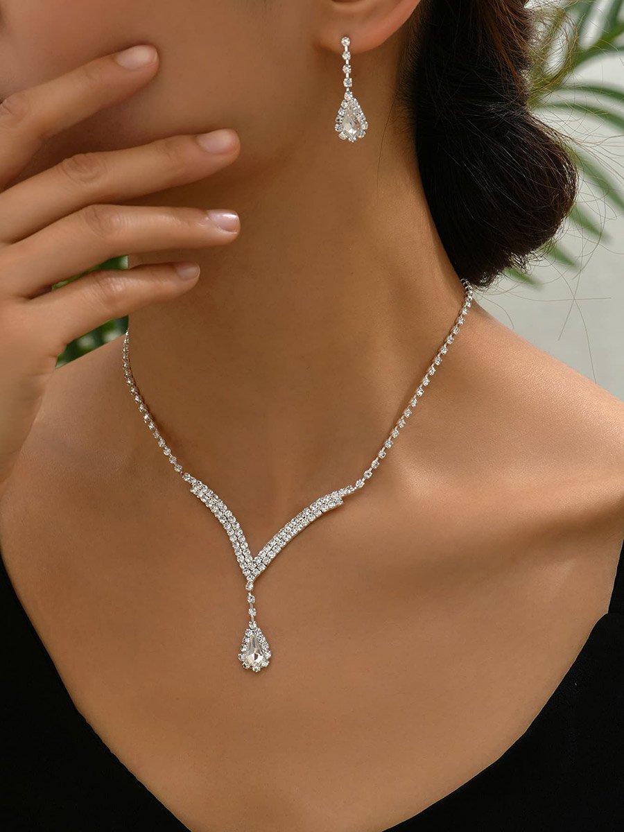2-Piece Rhinestone Drop Embellished Necklace and Earrings Jewelry Set