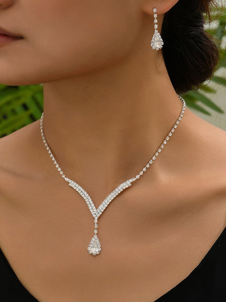 2-Piece Rhinestone Drop Embellished Necklace and Earrings Jewelry Set