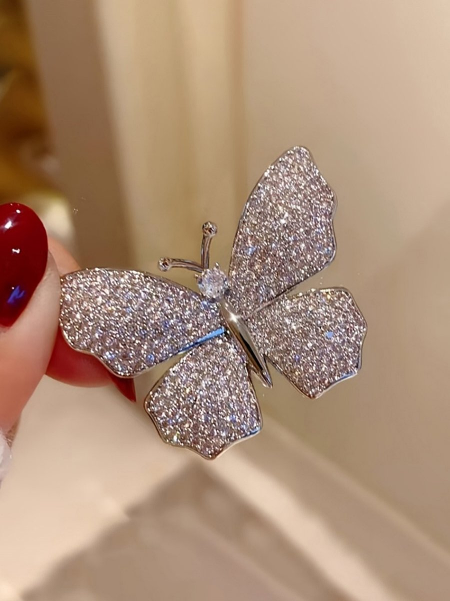Women Sparkling Silver Butterfly Brooch