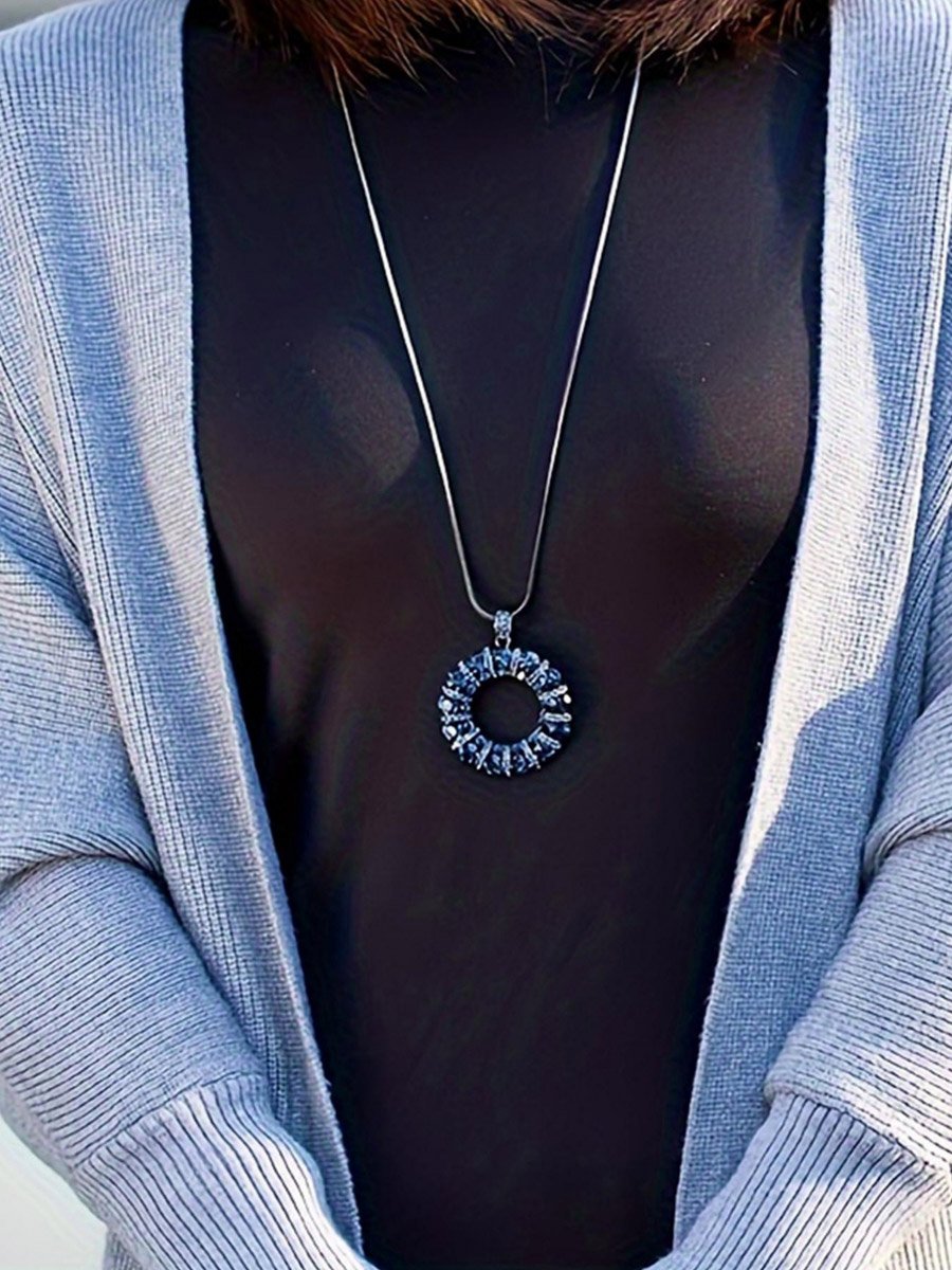 Women Blue Crystal Circle Pendant Necklace