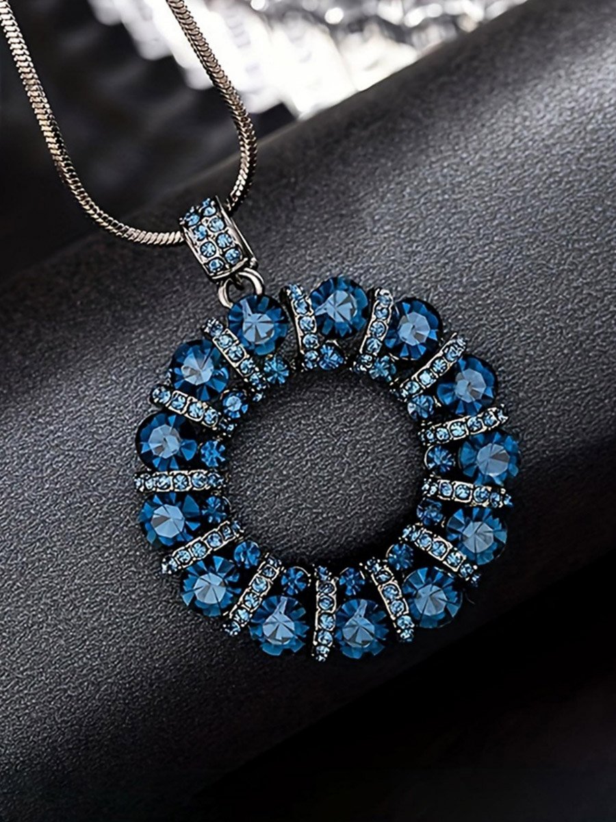 Women Blue Crystal Circle Pendant Necklace