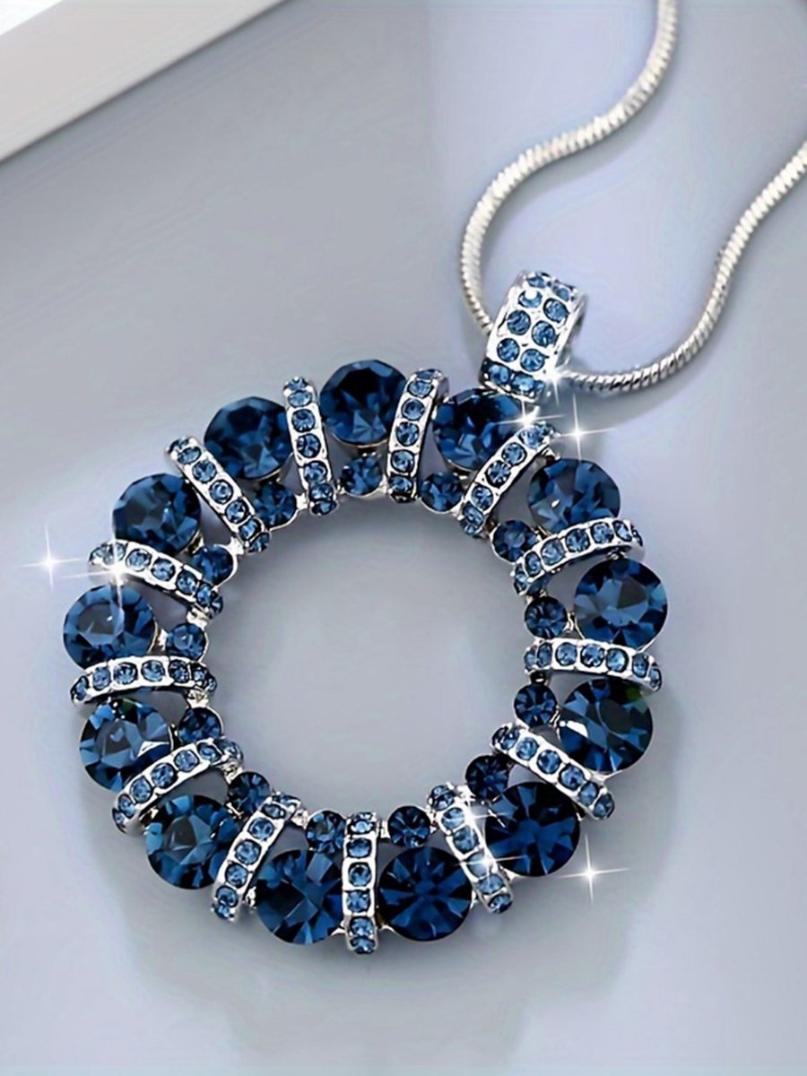 Women Blue Crystal Circle Pendant Necklace