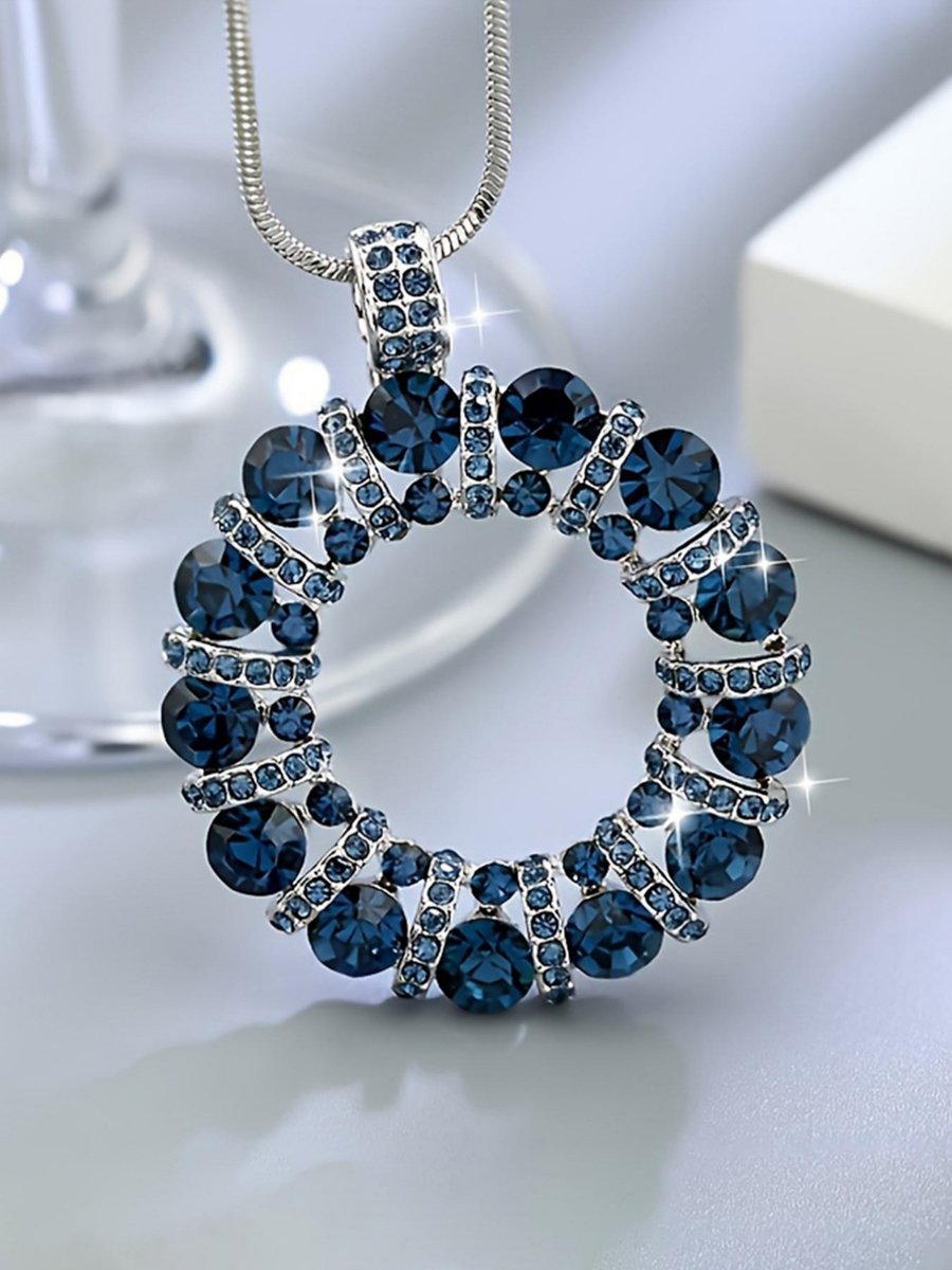 Women Blue Crystal Circle Pendant Necklace