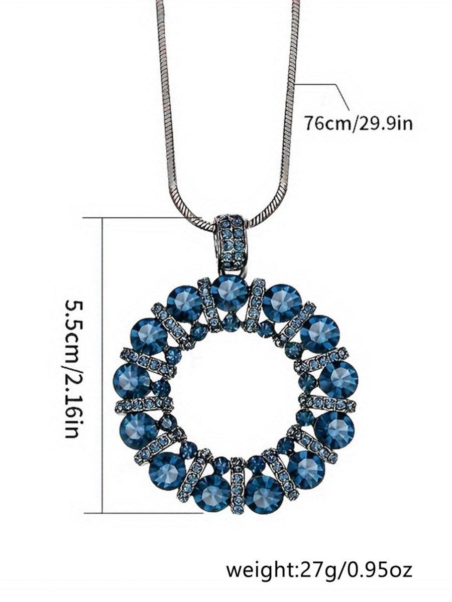 Women Blue Crystal Circle Pendant Necklace