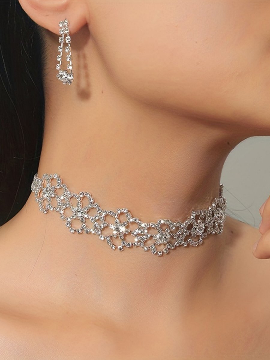 Women Silver Floral Crystal Choker Necklace and Earrings Set
