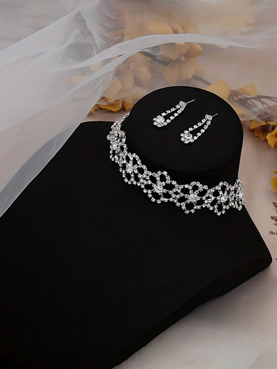 Women Silver Floral Crystal Choker Necklace and Earrings Set