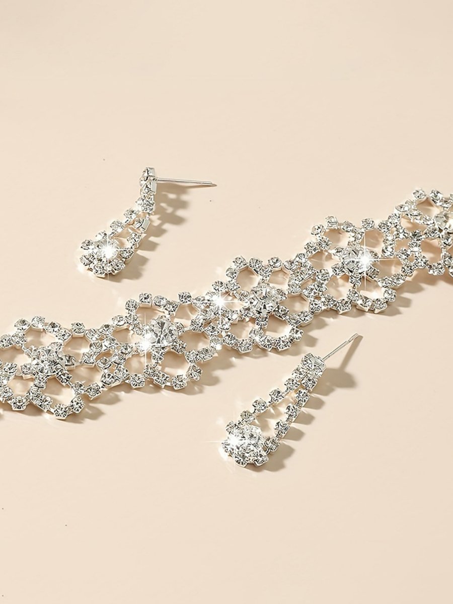 Women Silver Floral Crystal Choker Necklace and Earrings Set