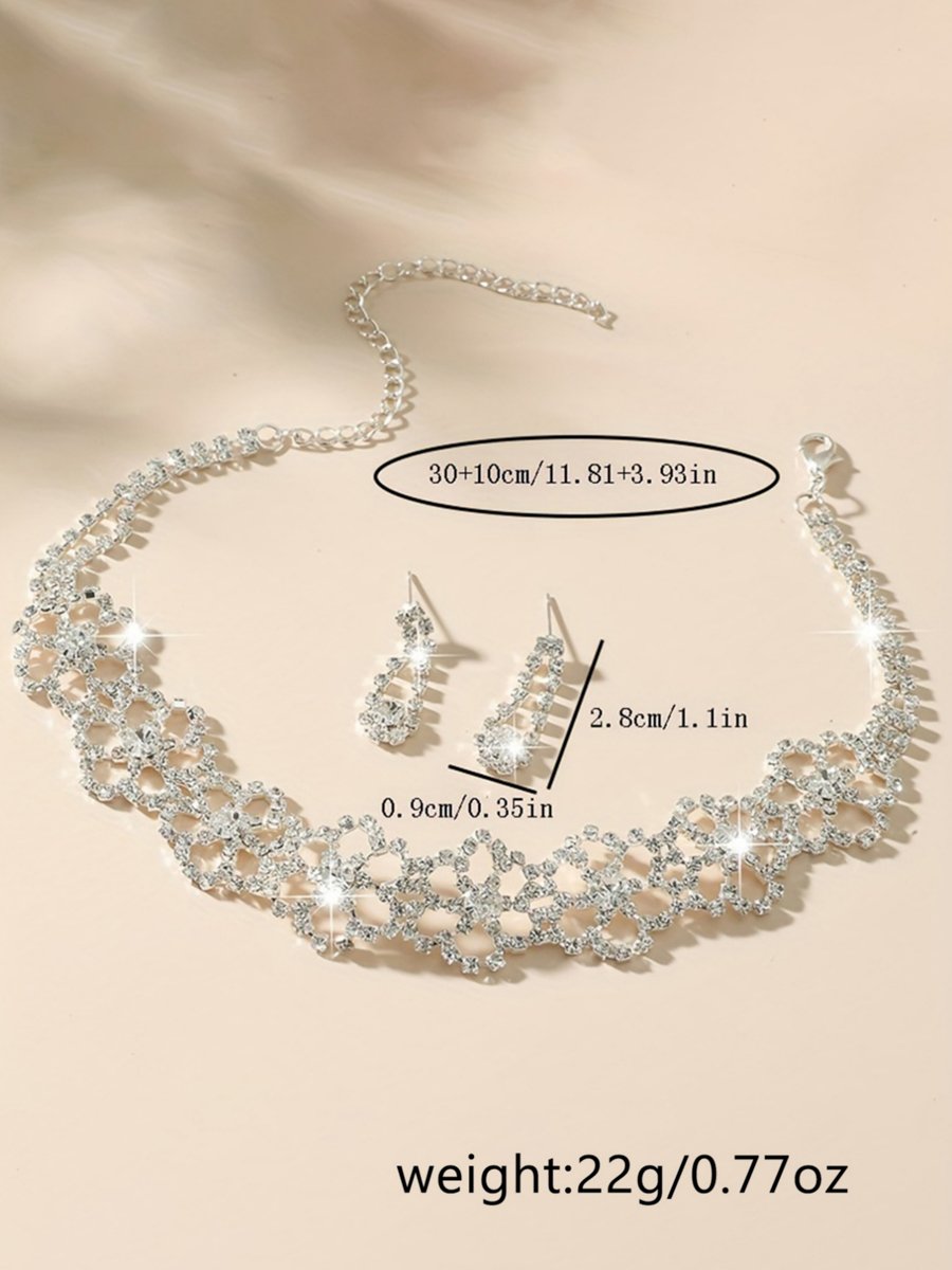 Women Silver Floral Crystal Choker Necklace and Earrings Set