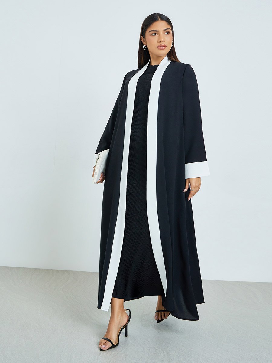 Black Contrast Panel Front Open Abaya
