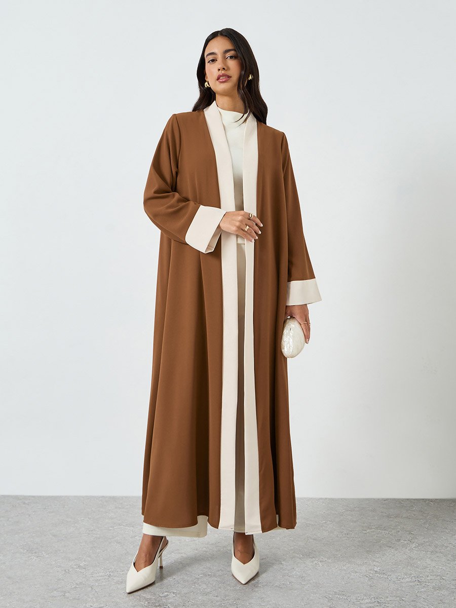 Brown Contrast Panel Front Open Abaya