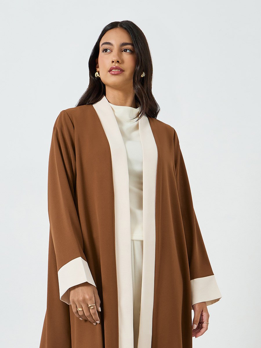Brown Contrast Panel Front Open Abaya