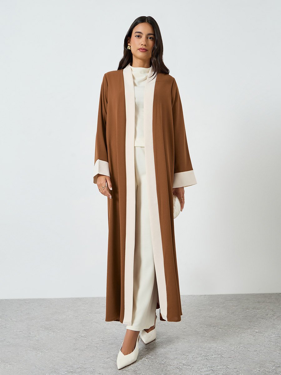 Brown Contrast Panel Front Open Abaya