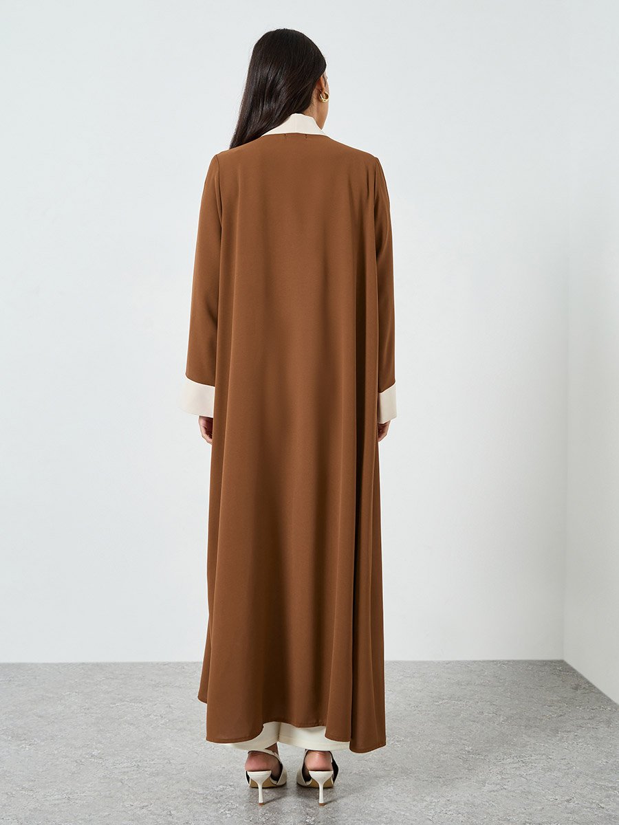 Brown Contrast Panel Front Open Abaya