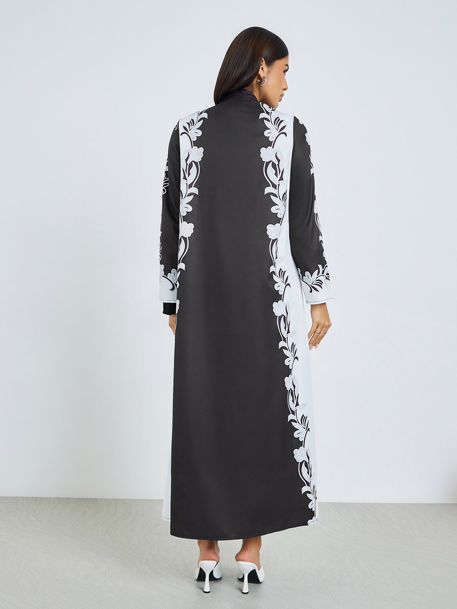Black Front Open Floral Print Abaya