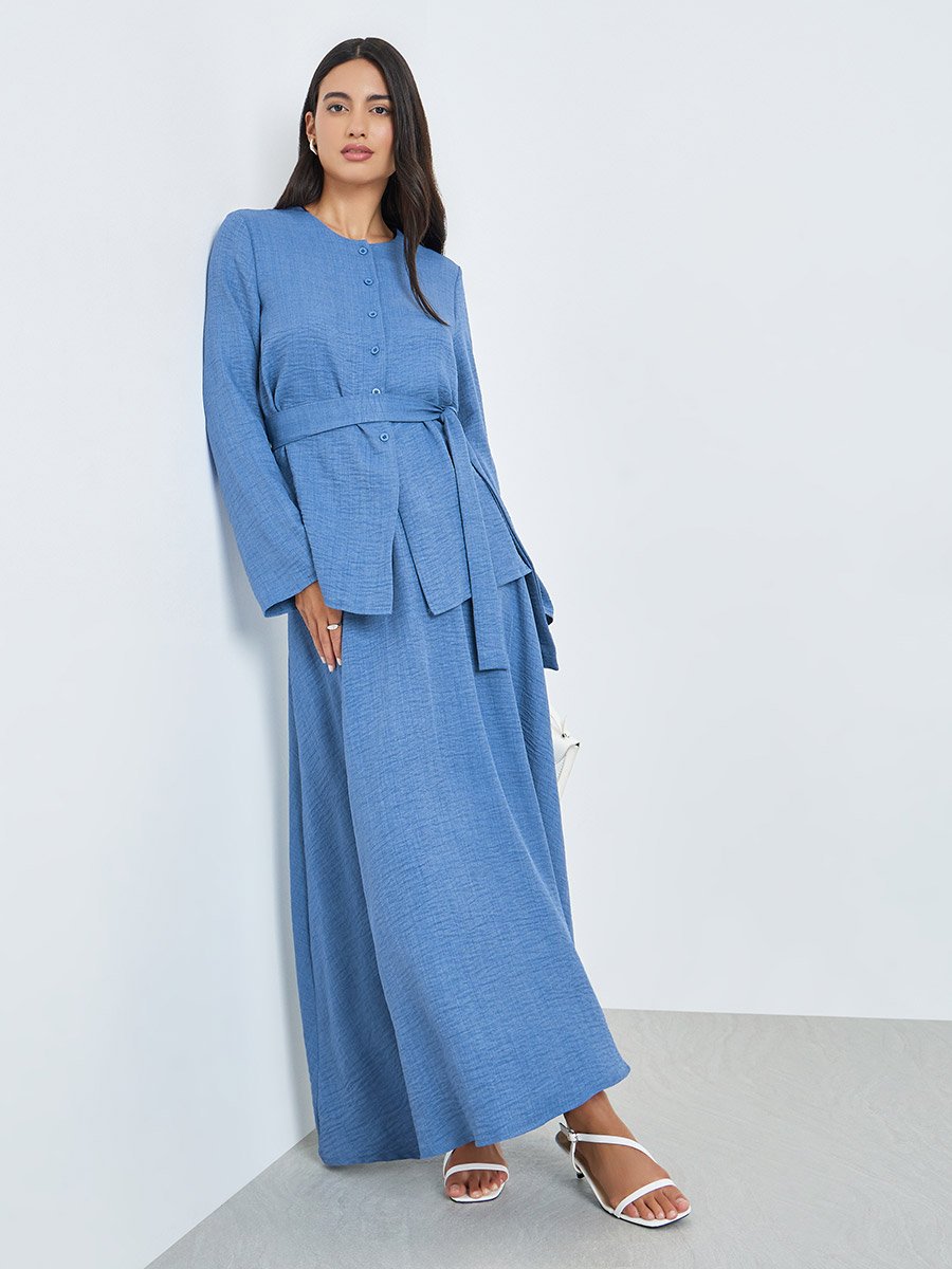 Blue Buttoned Long Sleeve Top and Skirt Co-Ords