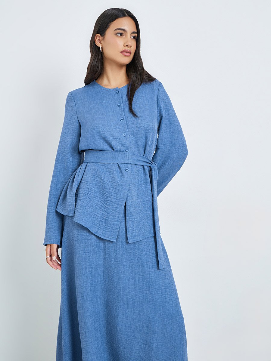 Blue Buttoned Long Sleeve Top and Skirt Co-Ords