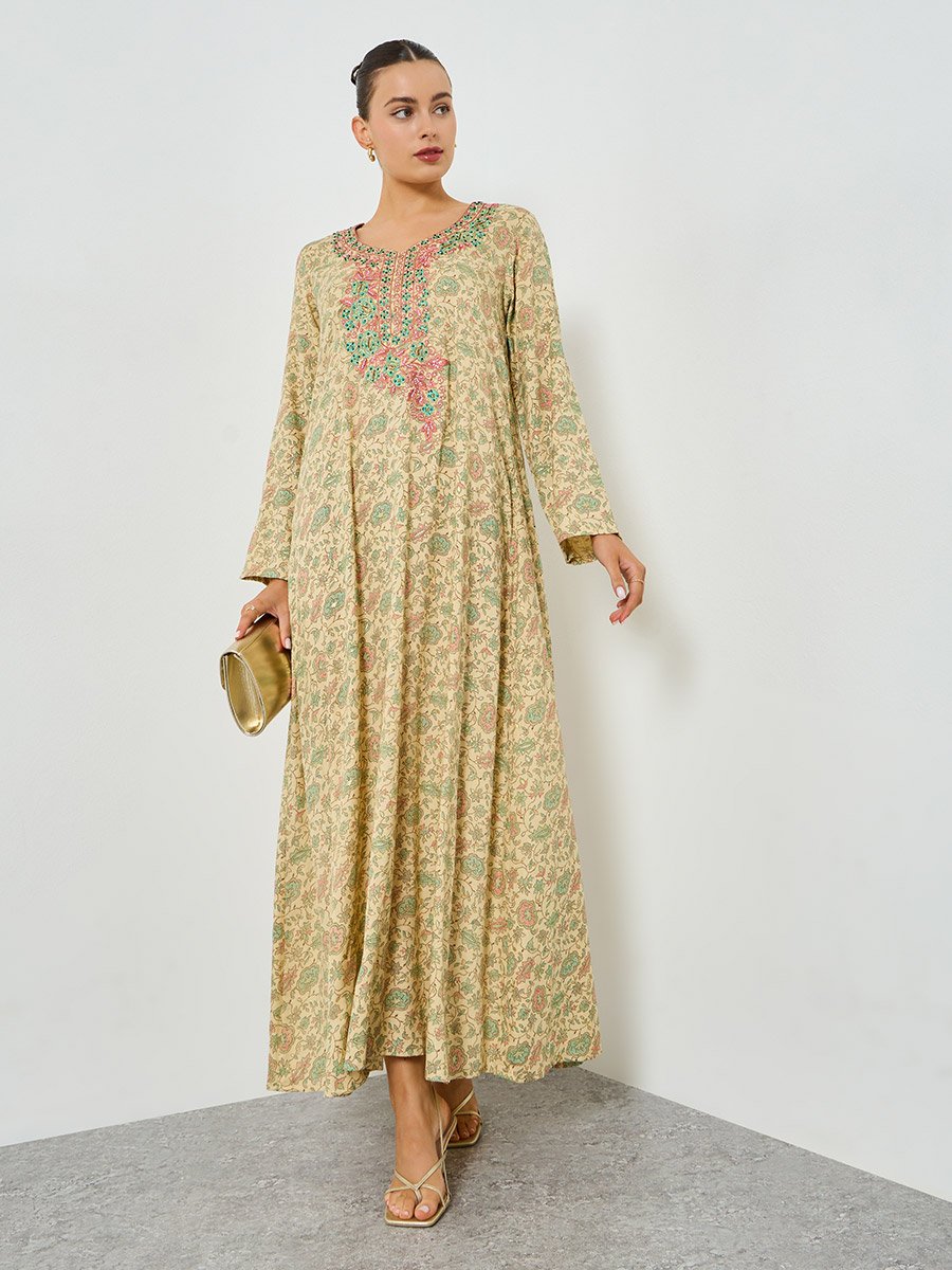 All-Over Print Embroidered A-Line Jalabiya