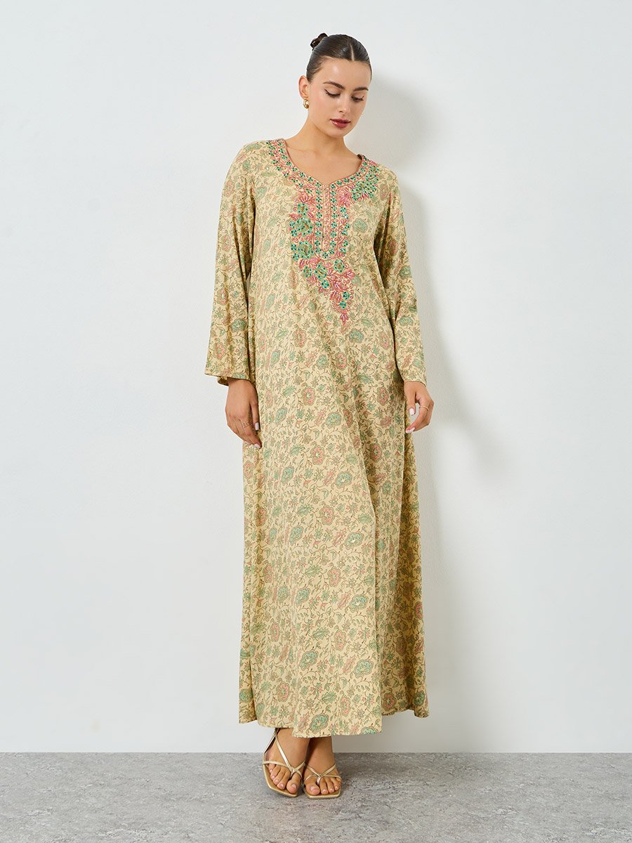 All-Over Print Embroidered A-Line Jalabiya