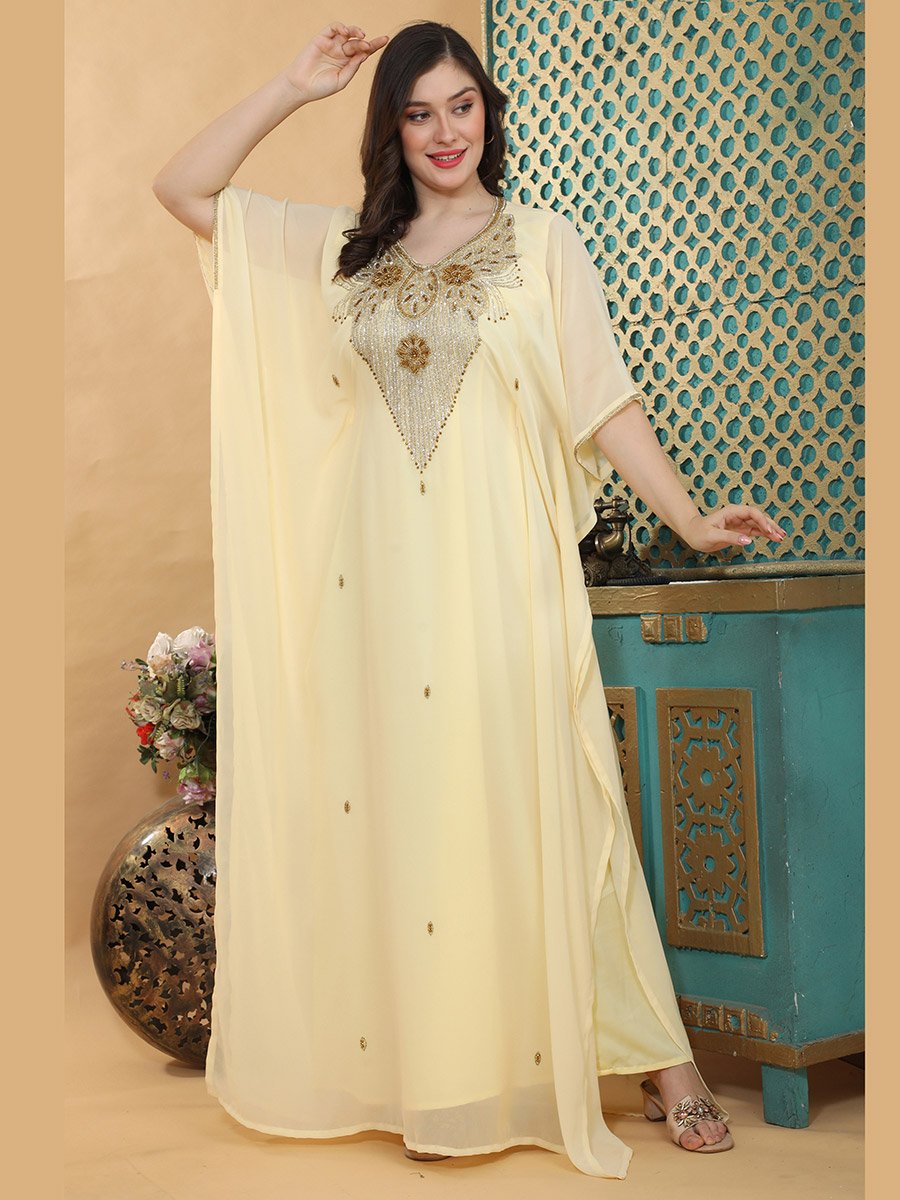 Yellow Premium Crystal Stone Hand-Beaded Kaftan