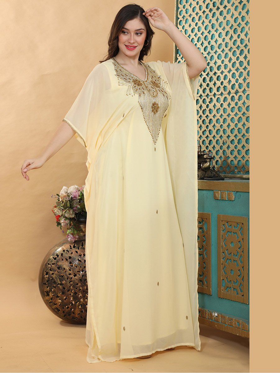 Yellow Premium Crystal Stone Hand-Beaded Kaftan
